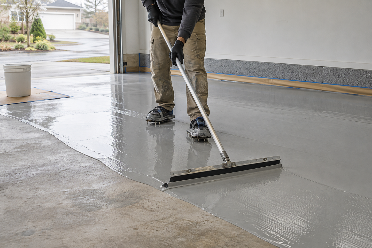 Generated process illustration of an installer spreading a thin gray epoxy floor coating with a squeegee