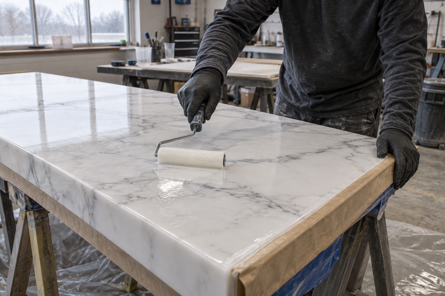 Generated process illustration of gloved hands rolling a clear finish onto a marble-look countertop