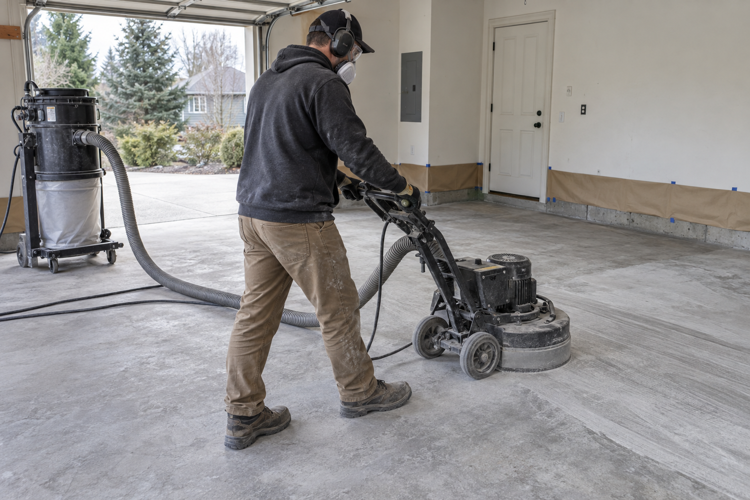 Generated process illustration of a contractor preparing concrete with a floor grinder and dust extraction